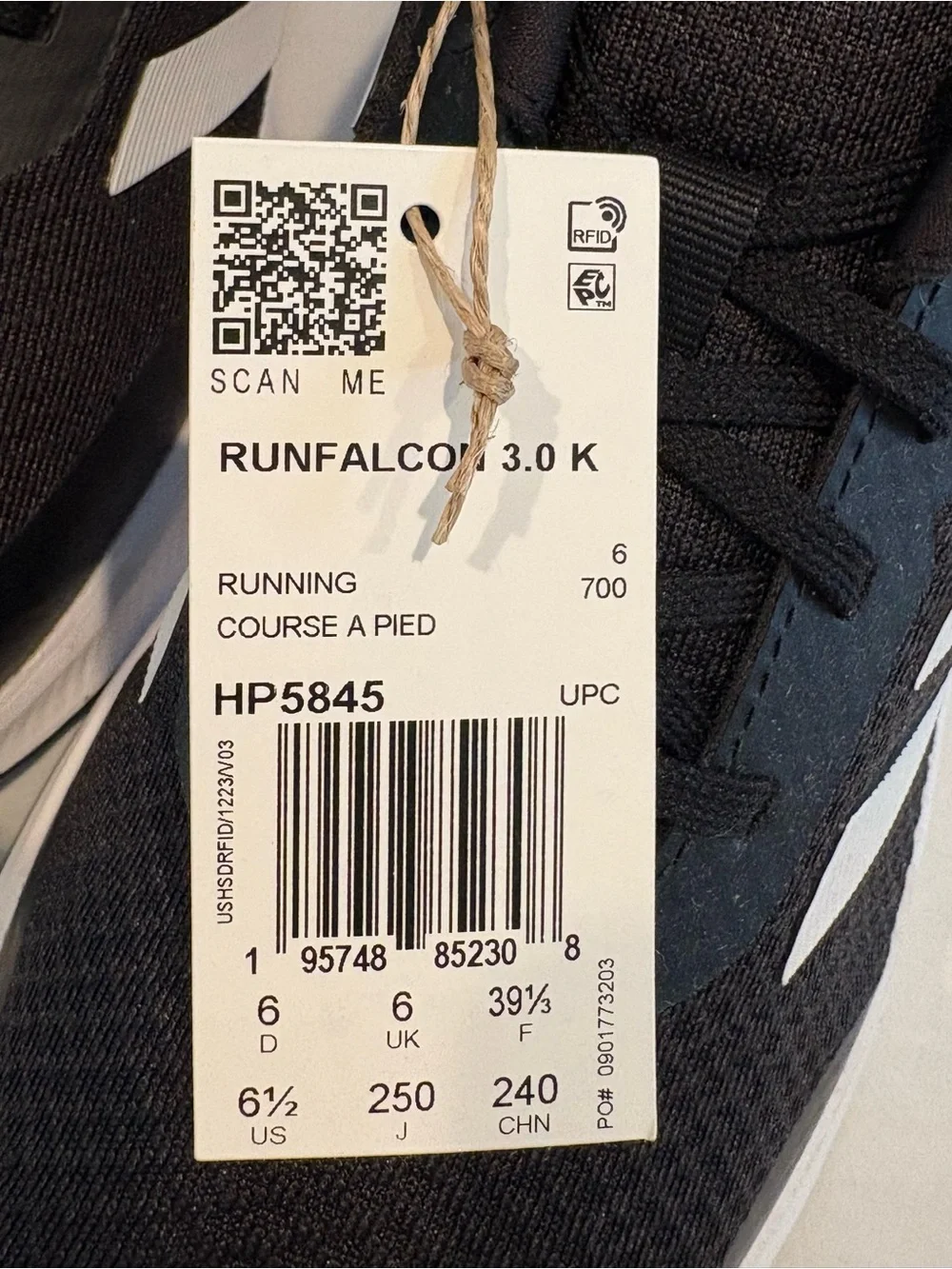 Adidas RunFalcon 3.0 K Black White HP5845 Size 6.5 Youth
